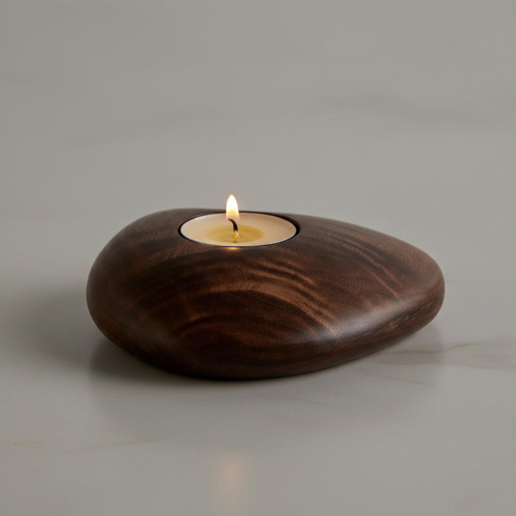 Pebble Wood Tea Light Holder | Japandi Hand-Carved Solid Wood Candle Holder, candle holders, crafted in a warm Japandi