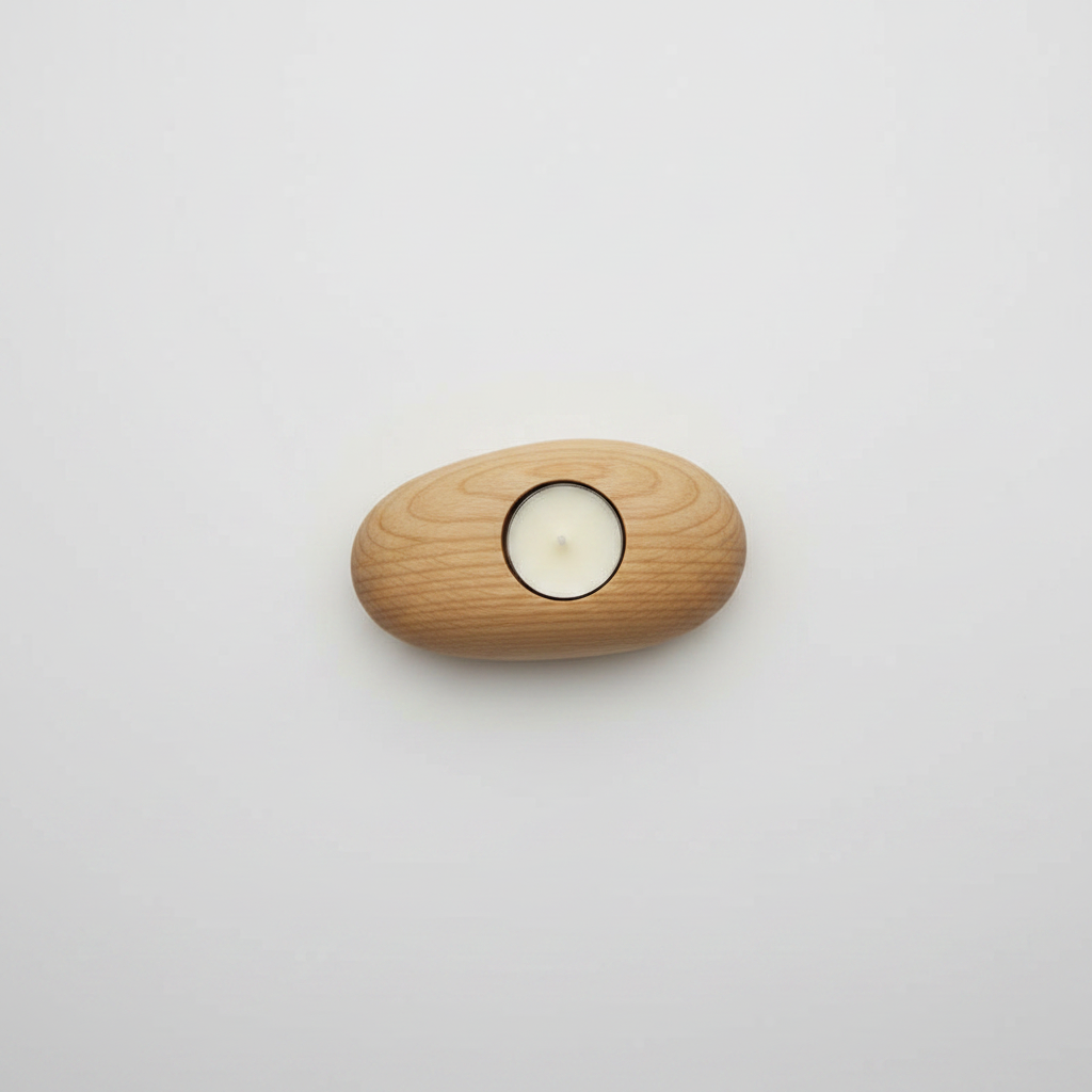 Pebble Wood Tea Light Holder | Japandi Hand-Carved Solid Wood Candle Holder, candle holders, front view, with calming Nordic