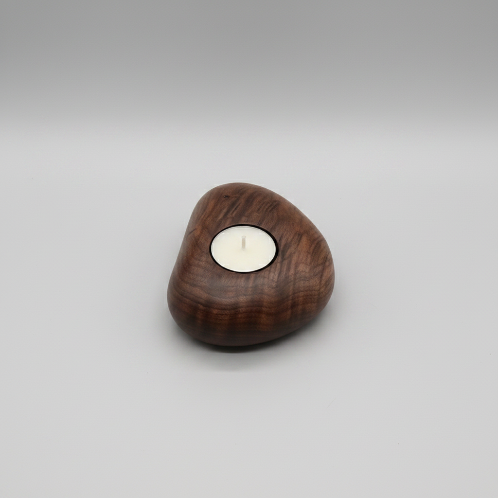 Pebble Wood Tea Light Holder | Japandi Hand-Carved Solid Wood Candle Holder, candle holders, alternate angle, for a serene
