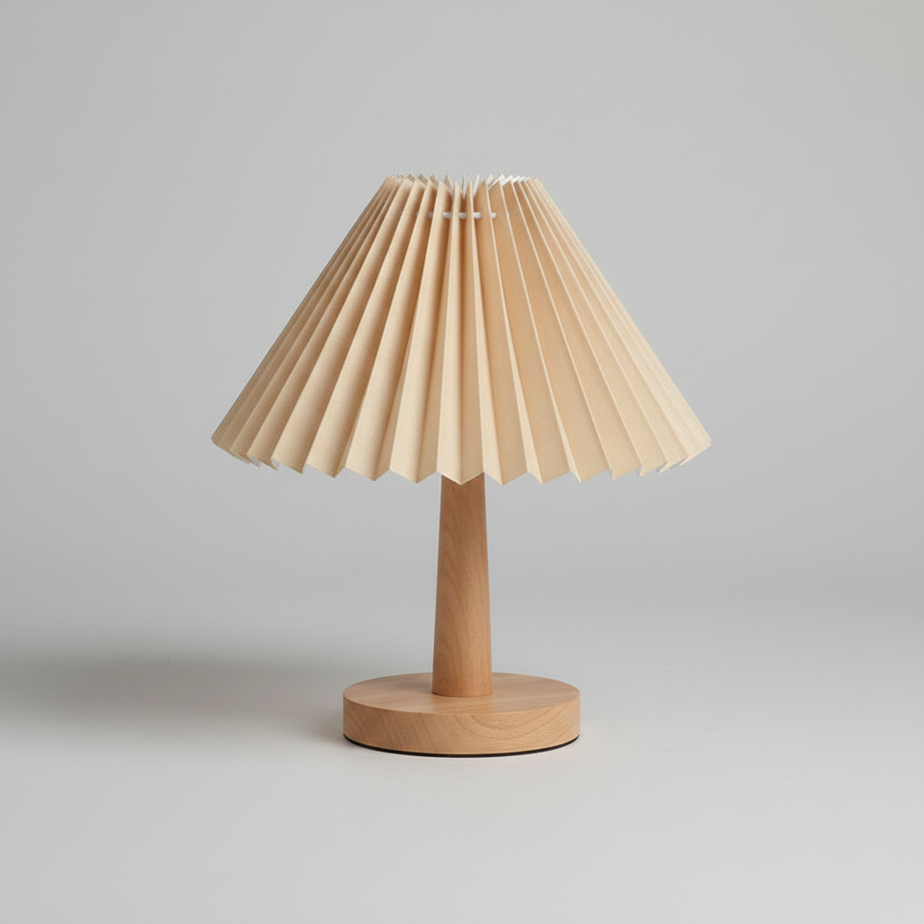 Vintage Pleated Fabric Table Lamp – Dimmable Korean Desk Light, night lights, front view, with calming Nordic simplicity