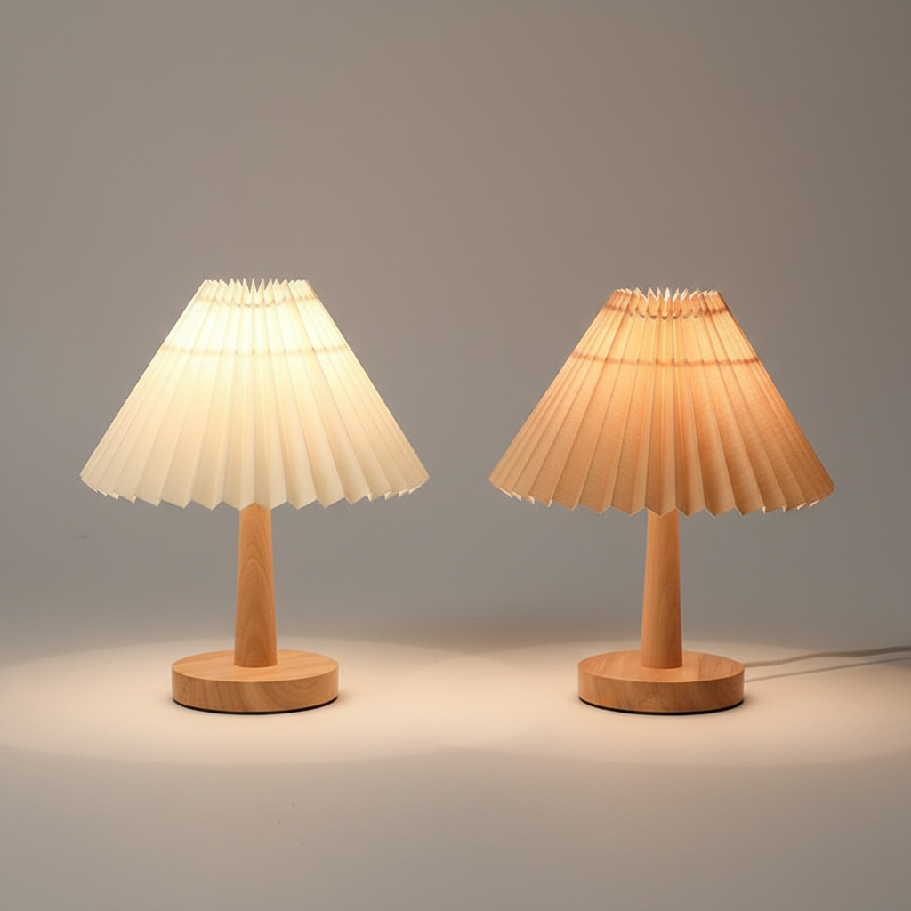 Vintage Pleated Fabric Table Lamp – Dimmable Korean Desk Light, night lights, crafted in a warm Japandi minimalist style