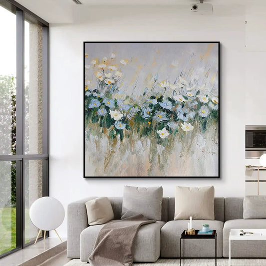 White & Blue Meadow Flowers Handmade Oil Painting – Impressionist Floral Square Canvas, wall art, crafted in a warm Japandi