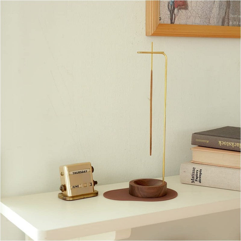 Inverted Brass & Walnut Incense Holder | Japandi Ritual Home Fragrance, incense burners, front view, with calming Nordic