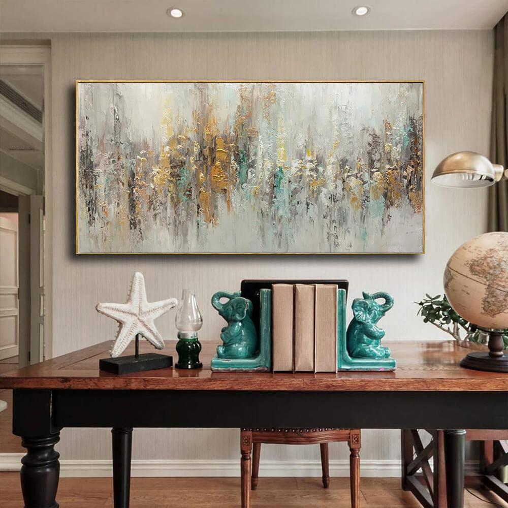 Large Handmade Abstract Oil Painting – Gold & Teal Impasto Textured Canvas, wall art, in a styled setting, in soft neutral