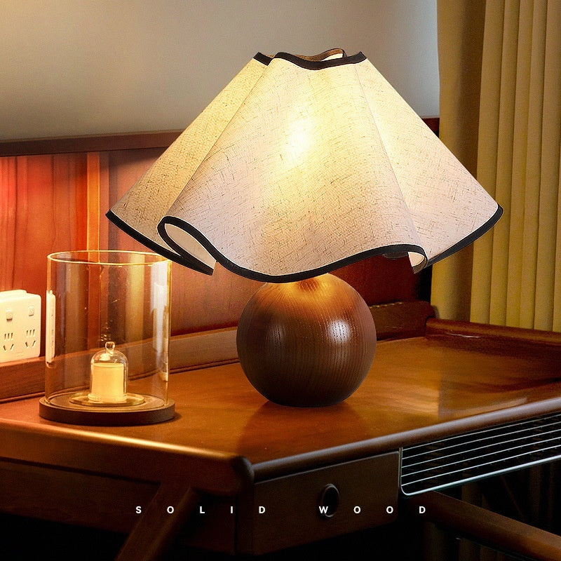 Ruffled Linen Walnut Sphere Table Lamp | Japandi Retro Bedroom Light, night lights, front view, with calming Nordic