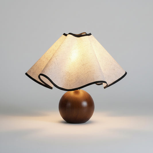 Ruffled Linen Walnut Sphere Table Lamp | Japandi Retro Bedroom Light, night lights, crafted in a warm Japandi minimalist
