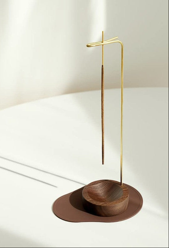 Inverted Brass & Walnut Incense Holder | Japandi Ritual Home Fragrance, incense burners, crafted in a warm Japandi