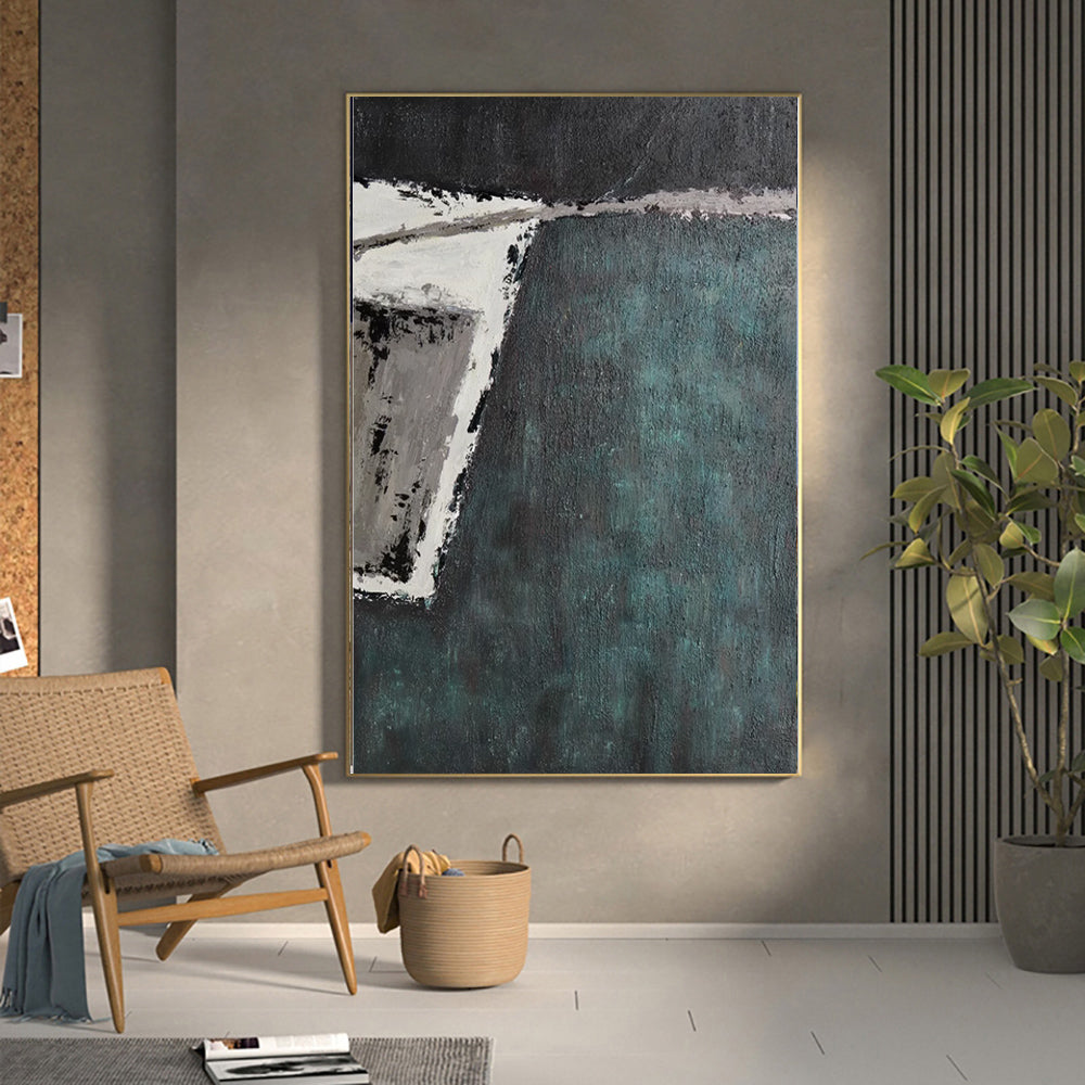 Deep Teal Abstract Impasto Oil Painting – Moody Green Wabi-Sabi Vertical Canvas, wall art, detail view, embracing wabi-sabi