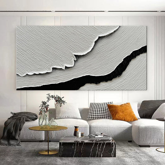 Black & White Ocean Wave Impasto Oil Painting – Textured Monochrome Sea Canvas, wall art, crafted in a warm Japandi