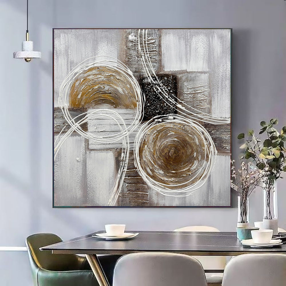 Gold Orbital Abstract Impasto Oil Painting – Bronze, Grey & Black Textured Square Canvas, wall art, crafted in a warm