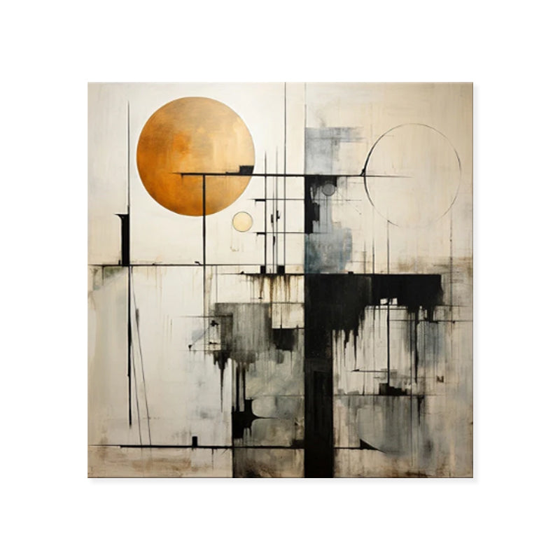 Bauhaus Geometric Abstract Oil Painting – Black, White & Gold Square Canvas, wall art, detail view, embracing wabi-sabi