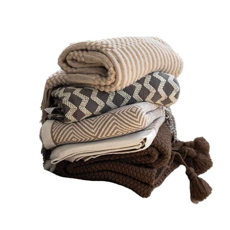 Multi-Pattern Knit Throw Blanket | Japandi Tassel Sofa Blanket, blankets & throws, lifestyle view, blending Scandinavian and