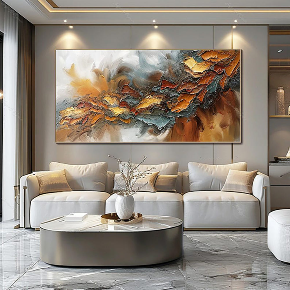 Autumn Storm Palette Knife Oil Painting – Amber, Gold & Teal Horizontal Textured Canvas, wall art, close-up detail, crafted