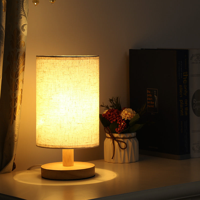 Rechargeable Bamboo Wood Bedside Lamp – Patterned Fabric Shade Night Light, night lights, front view, with calming Nordic