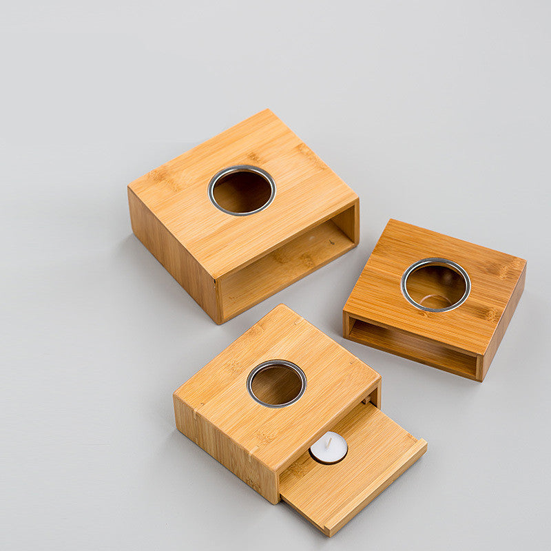 Bamboo Tea Warmer Stand | Japandi Candle Tea Light Warmer, candle holders, front view, with calming Nordic simplicity