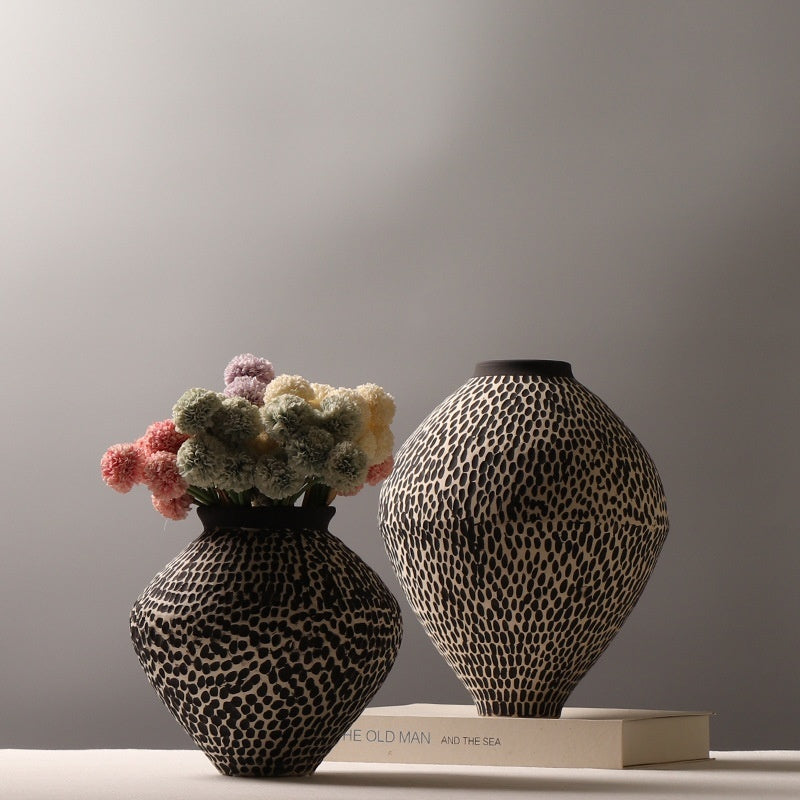 Hand-Painted Spotted Ceramic Vase | Wabi-Sabi Monochrome Statement Piece, vases & vessels, front view, with calming Nordic
