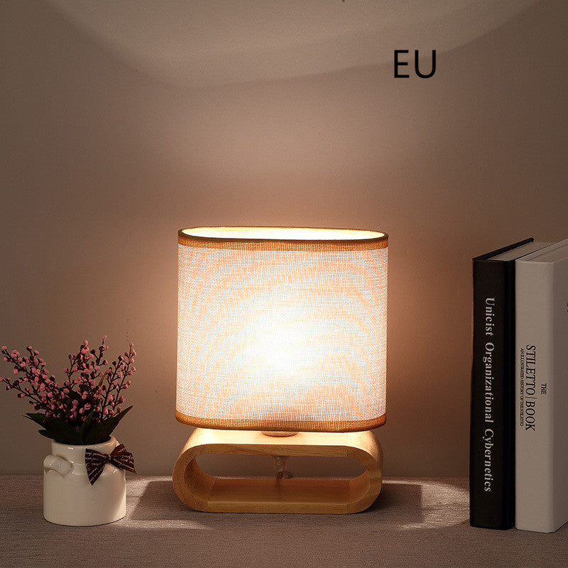 Solid Wood Arch Base Linen Table Lamp – Nordic Japandi Bedside Light, night lights, in a styled setting, in soft neutral