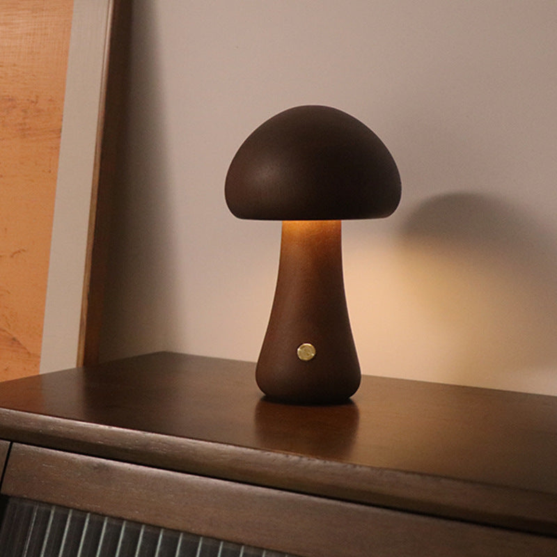 Wooden Mushroom LED Night Light with Touch Switch, night lights, close-up detail, crafted in a warm Japandi minimalist style