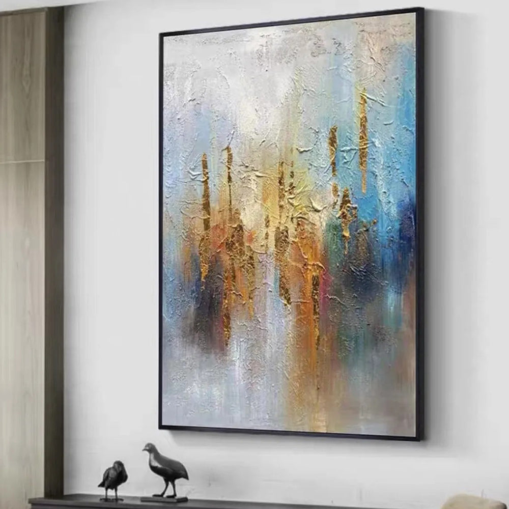 Rising Light Abstract Impasto Oil Painting – Gold & Teal Vertical Textured Canvas, wall art, in a styled setting, in soft