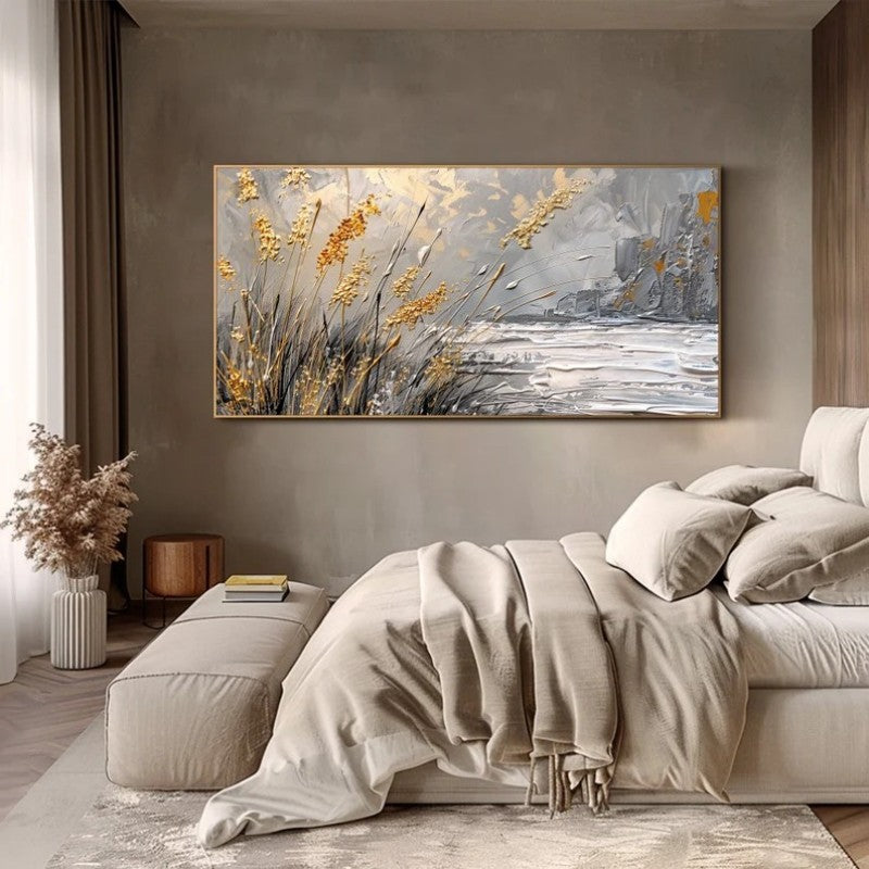 Golden Reeds at Dusk – Handmade Impasto Landscape Oil Painting, Panoramic Canvas, wall art, alternate angle, for a serene