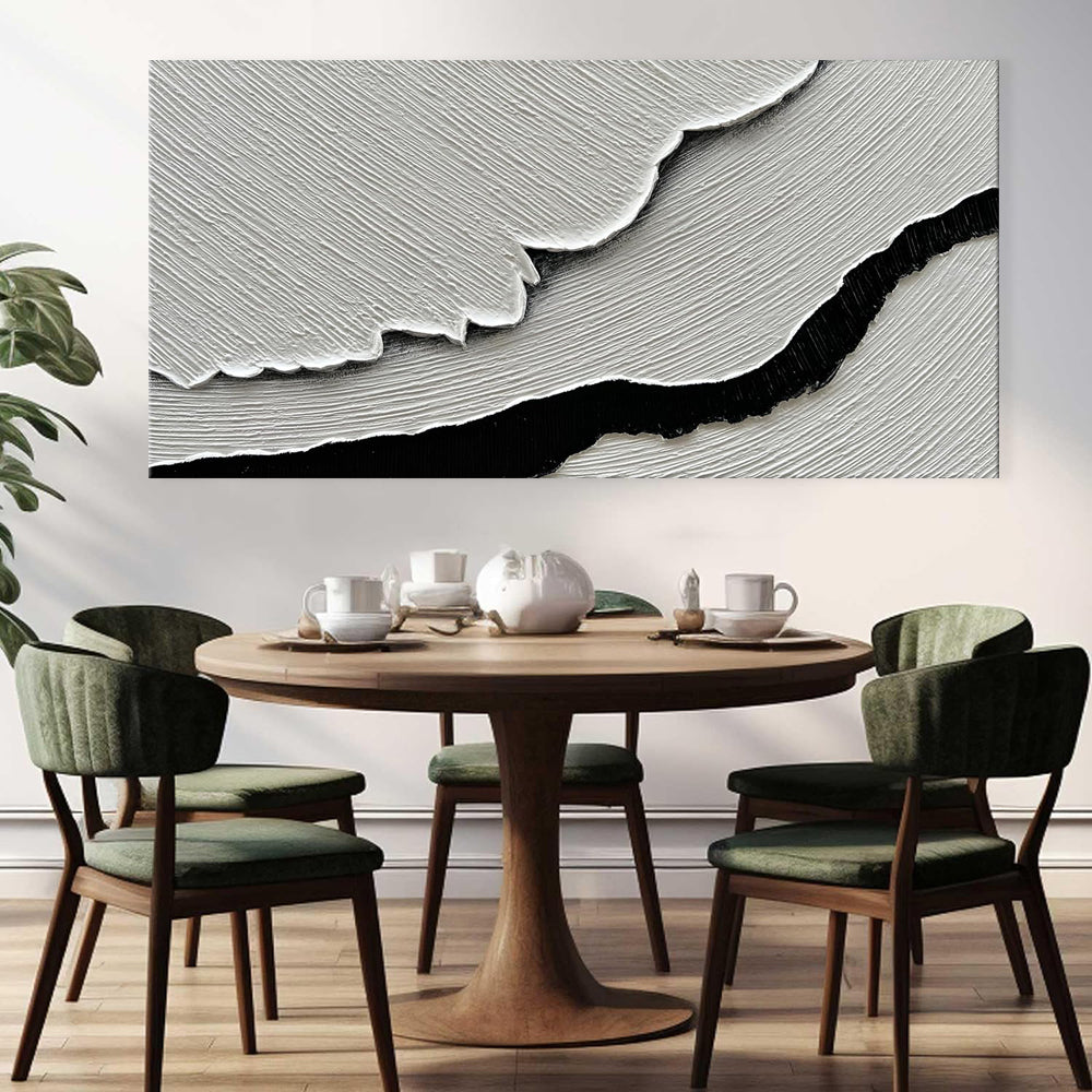 Black & White Ocean Wave Impasto Oil Painting – Textured Monochrome Sea Canvas, wall art, in a styled setting, in soft