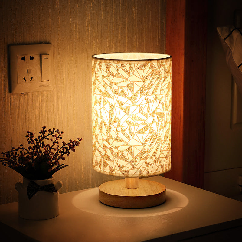 Rechargeable Bamboo Wood Bedside Lamp – Patterned Fabric Shade Night Light, night lights, alternate angle, for a serene