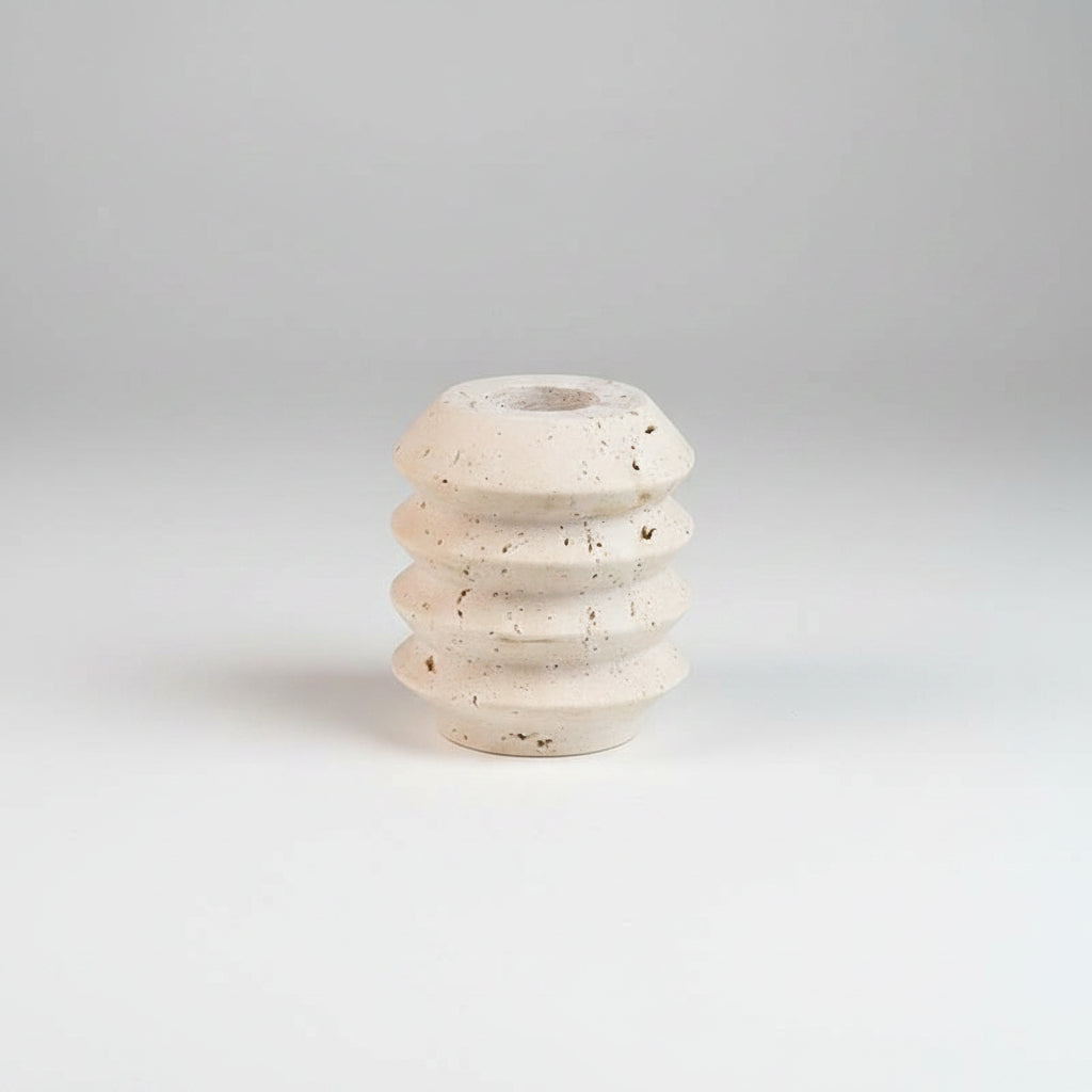 Ridged Travertine Taper Holder | Japandi Threaded Stone Candle Holder, candle holders, alternate angle, for a serene modern