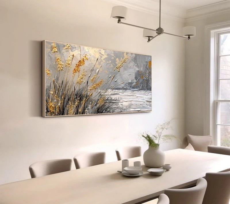 Golden Reeds at Dusk – Handmade Impasto Landscape Oil Painting, Panoramic Canvas, wall art, detail view, embracing wabi-sabi