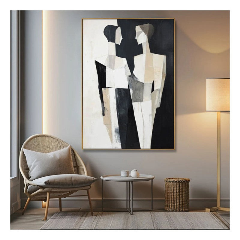 Two Souls – Noir Abstract Figurative Oil Painting | Black & White Vertical Canvas, wall art, in a styled setting, in soft