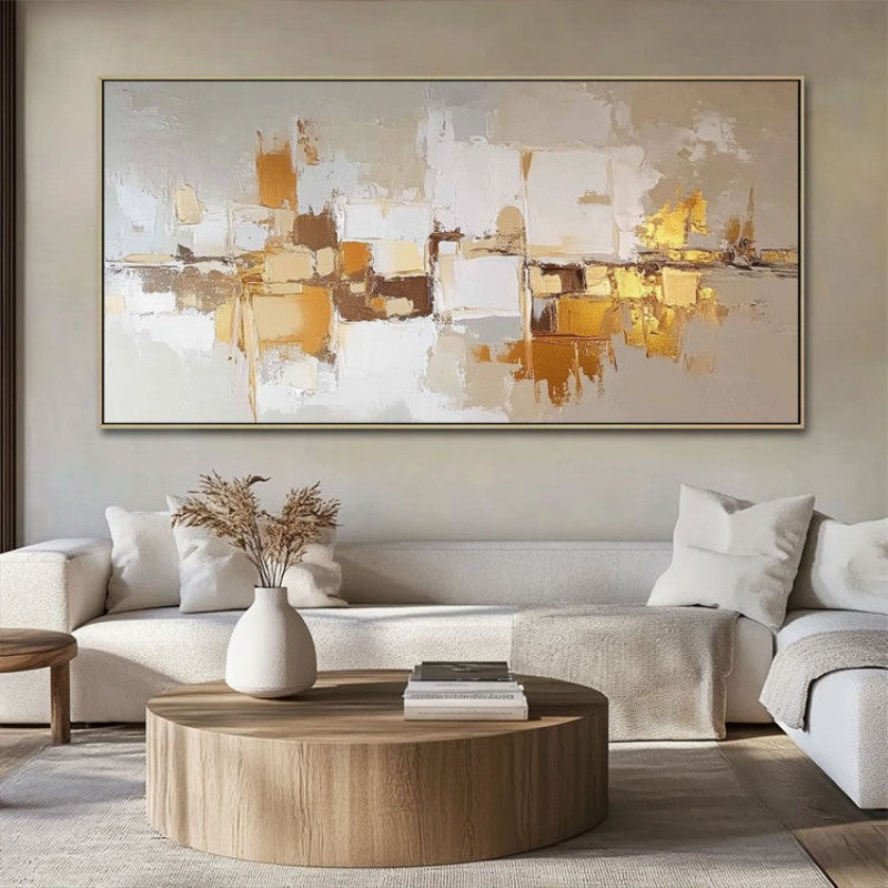 Golden Mosaic Abstract Oil Painting – Luxury Gold & White Impasto Panoramic Canvas, wall art, alternate angle, for a serene