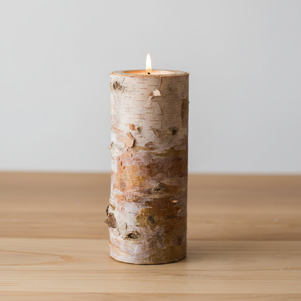 Birch Bark Tea Light Holder | Japandi Natural Wood Log Candle Holder, candle holders, lifestyle view, blending Scandinavian