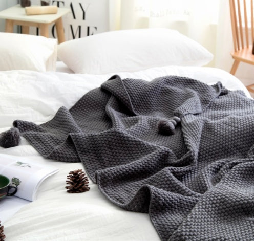Pom-Pom Corner Knit Throw | Japandi Diamond Weave Sofa Blanket, blankets & throws, in a styled setting, in soft neutral