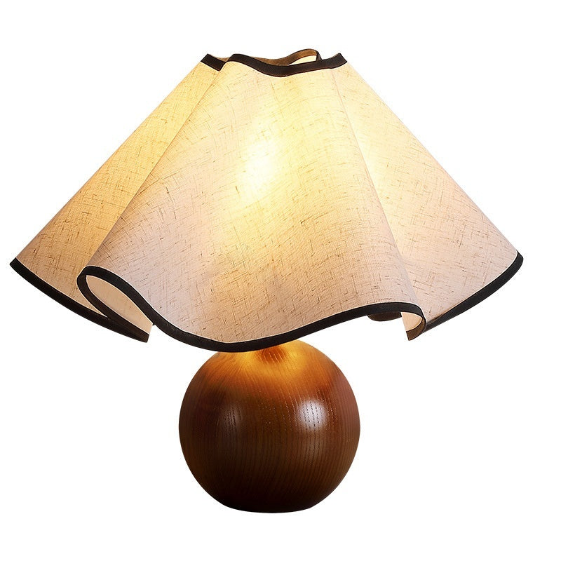 Ruffled Linen Walnut Sphere Table Lamp | Japandi Retro Bedroom Light, night lights, detail view, embracing wabi-sabi natural