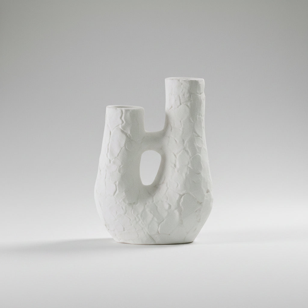 Weathered Stone Dual-Neck Ceramic Candle Holder | Wabi-Sabi Sculptural Taper Holder, candle holders, detail view, embracing