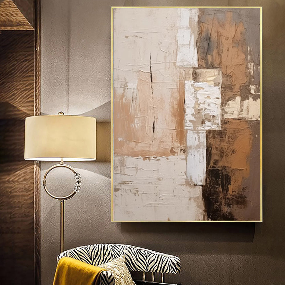Large Vertical Abstract Impasto Oil Painting – Wabi-Sabi Terracotta & Cream Canvas, wall art, close-up detail, crafted in a