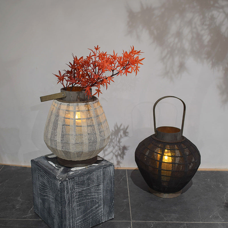 Woven Linen Lantern Candle Holder | Japandi Bamboo Floor Lantern, candle holders, front view, with calming Nordic simplicity