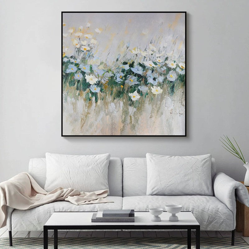 White & Blue Meadow Flowers Handmade Oil Painting – Impressionist Floral Square Canvas, wall art, front view, with calming
