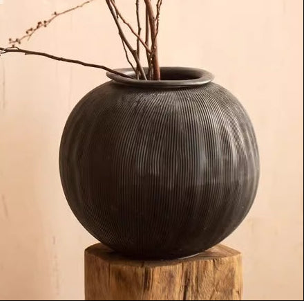 Ribbed Ball Vase | Japandi Sphere Ceramic, vases & vessels, front view, with calming Nordic simplicity