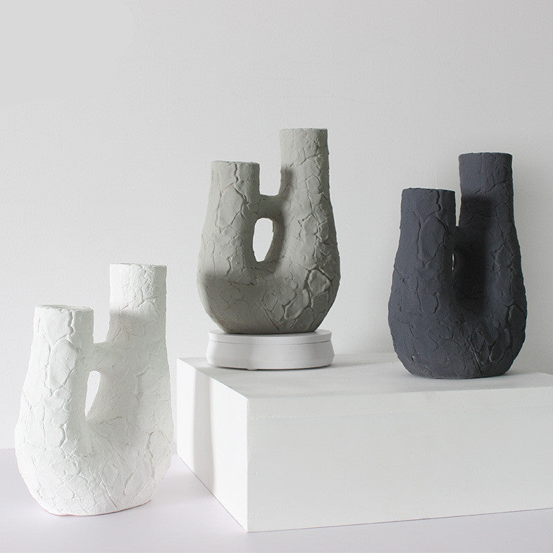 Weathered Stone Dual-Neck Ceramic Candle Holder | Wabi-Sabi Sculptural Taper Holder, candle holders, front view, with