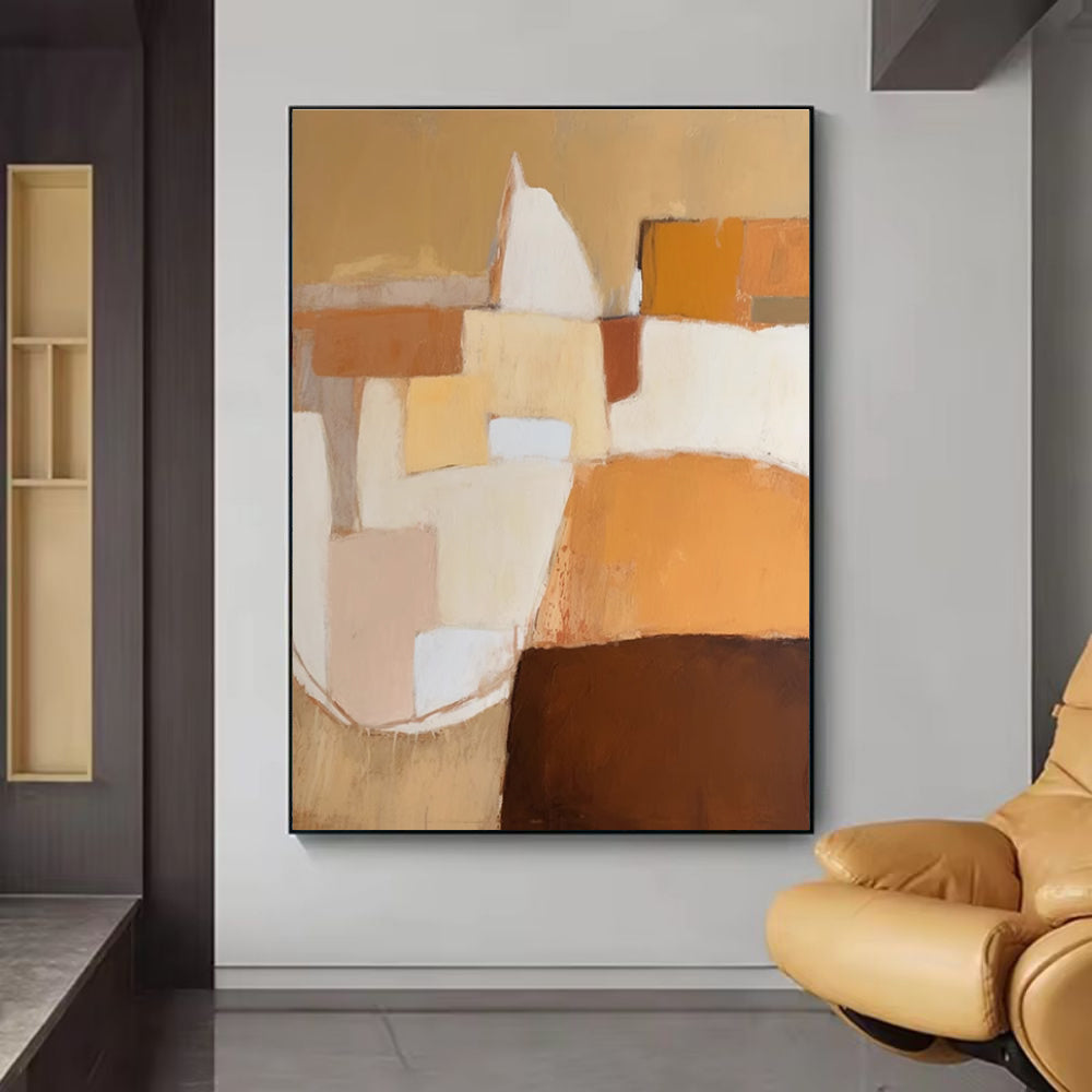 Warm Terracotta Geometric Abstract Oil Painting – Japandi Wabi-Sabi Vertical Canvas, wall art, detail view, embracing