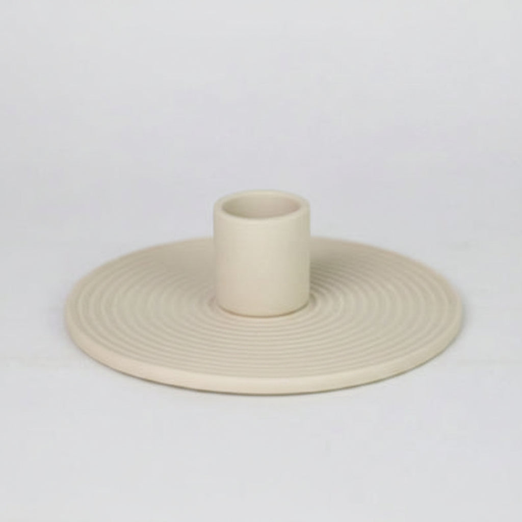Ridged Ceramic Disc Taper Holder | Japandi Spiral Candle Holder, candle holders, detail view, embracing wabi-sabi natural