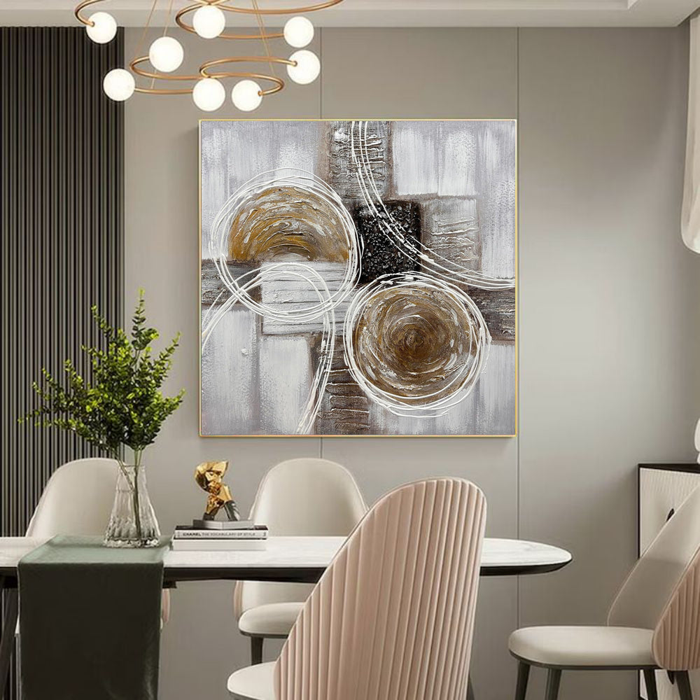 Gold Orbital Abstract Impasto Oil Painting – Bronze, Grey & Black Textured Square Canvas, wall art, front view, with calming