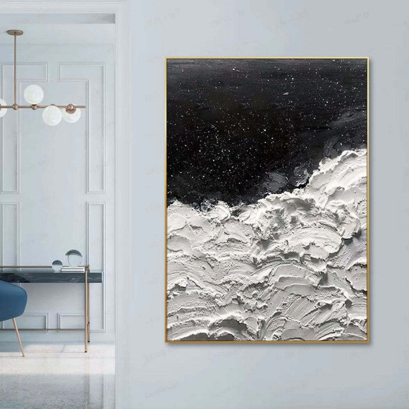Oceans of Stars – Handmade Black & White Impasto Oil Painting with Gold Star Flecks, wall art, in a styled setting, in soft