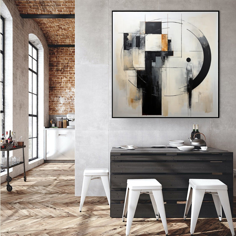 Bauhaus Geometric Abstract Oil Painting – Black, White & Gold Square Canvas, wall art, front view, with calming Nordic