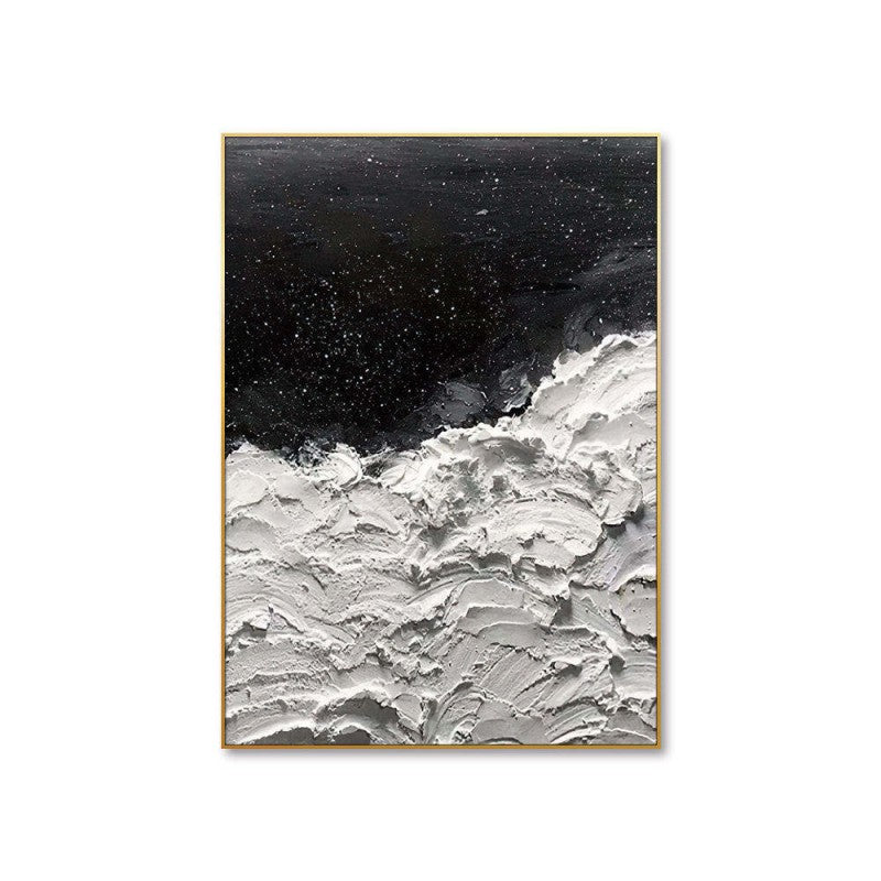 Oceans of Stars – Handmade Black & White Impasto Oil Painting with Gold Star Flecks, wall art, alternate angle, for a serene