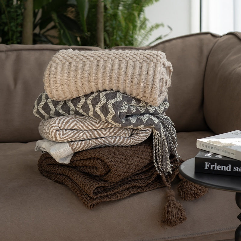 Multi-Pattern Knit Throw Blanket | Japandi Tassel Sofa Blanket, blankets & throws, alternate angle, for a serene modern home