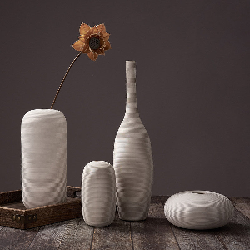 Ribbed Ceramic Vase | Japandi Sculptural Matte White Vessel, vases & vessels, front view, with calming Nordic simplicity