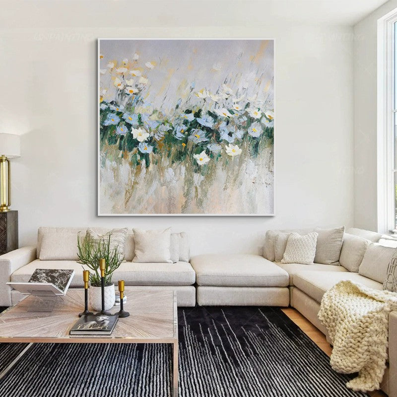 White & Blue Meadow Flowers Handmade Oil Painting – Impressionist Floral Square Canvas, wall art, in a styled setting, in