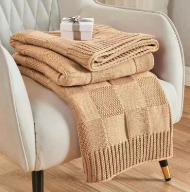 Block Knit Throw Blanket | Japandi Geometric Sofa Throw, blankets & throws, detail view, embracing wabi-sabi natural