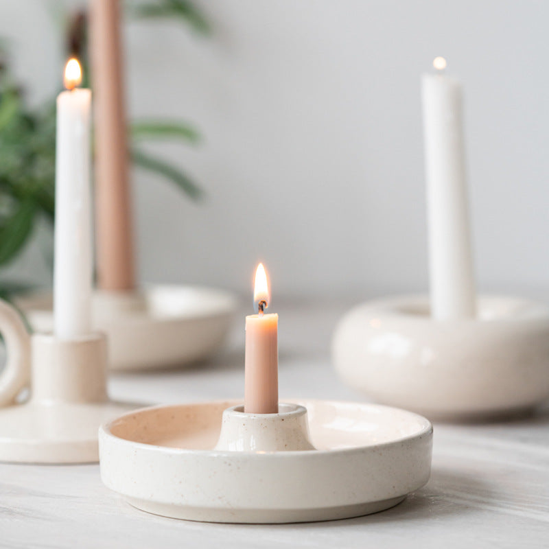 Raw Ceramic Taper Holder | Japandi Chamberstick & Disc Candle Holder, candle holders, front view, with calming Nordic